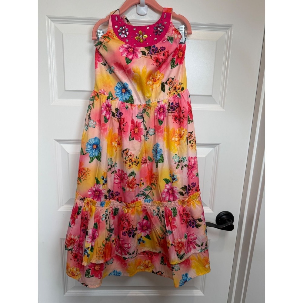 26. Monsoon Kids Artisan Pink Floral Embellished Tiered Maxi Dress Size 6 NEW